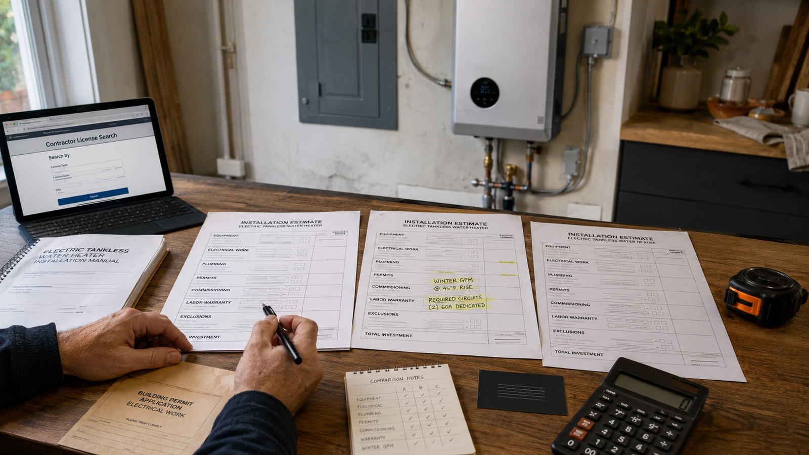 Homeowner comparing itemized electric tankless water heater installation quotes, permits, warranty coverage and contractor credentials