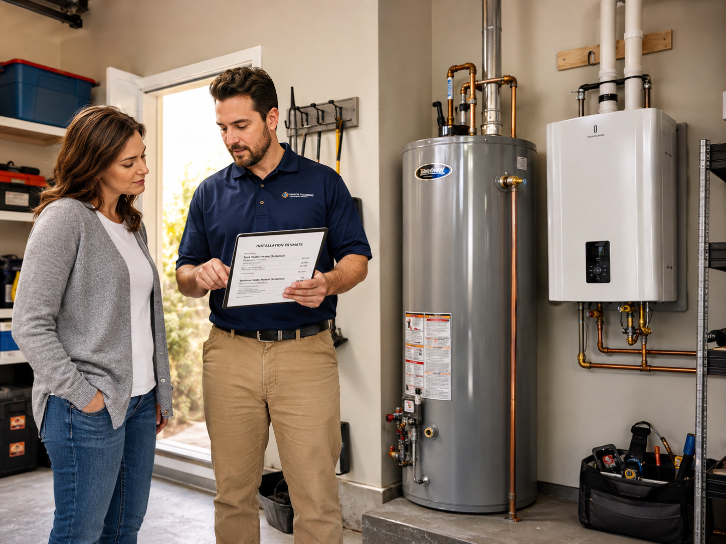 Homeowner reviewing tank and tankless water heater installation estimates with a plumbing contractor beside both systems in a residential utility room