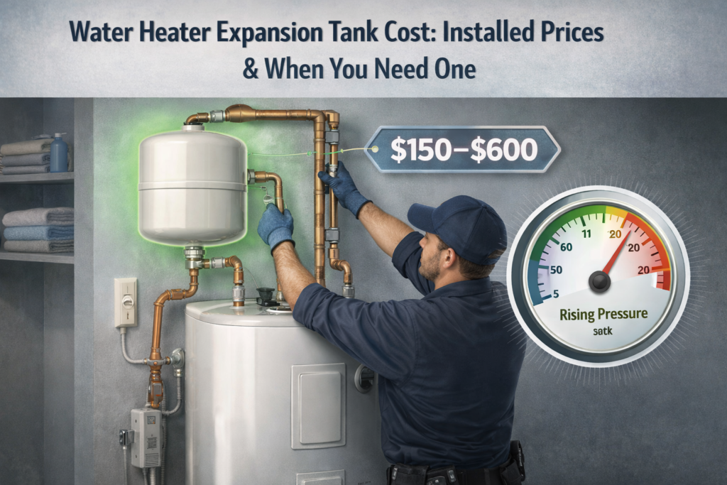 plumber installs expansion tank in utility room