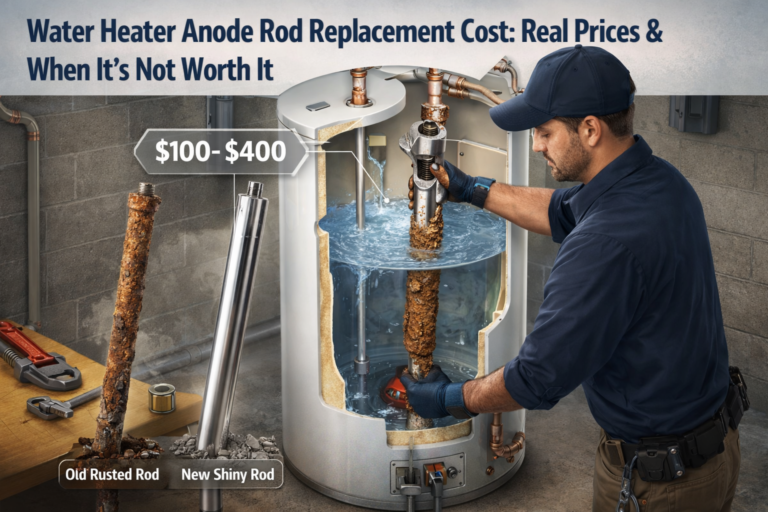 Technician replacing a corroded water heater anode rod with a new rod