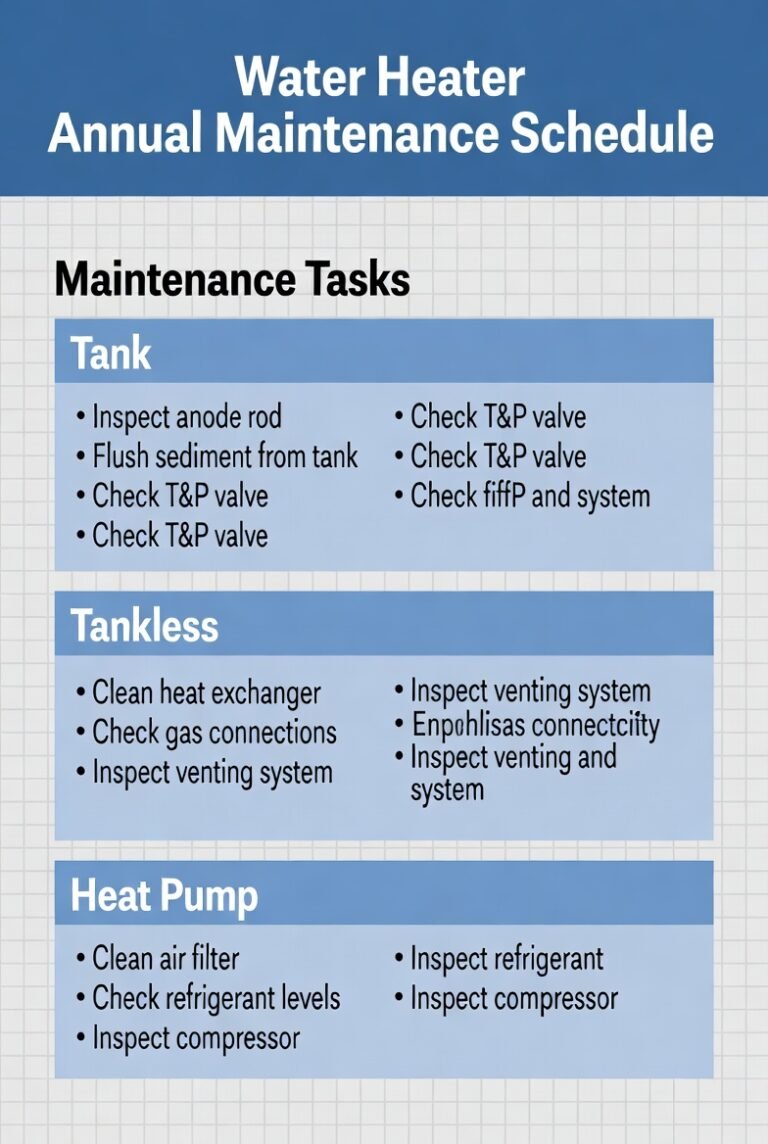 Annual maintenance checklist comparing routine tasks for tank, tankless and heat-pump water heaters