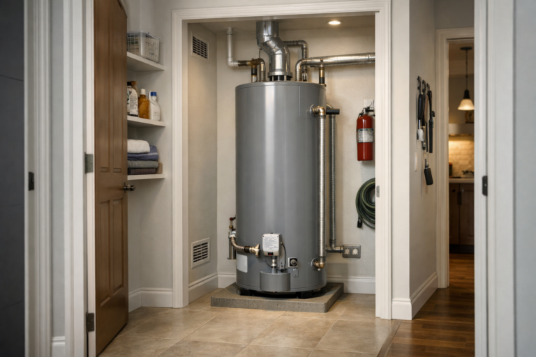 Gas water heater installed inside a ventilated utility closet