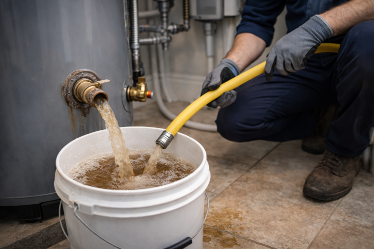 Technician flushing sediment and mineral debris from a storage water heater