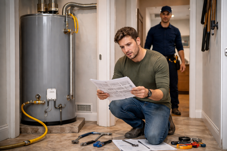 Homeowner reviewing installation instructions beside a gas water heater while a professional installer approaches