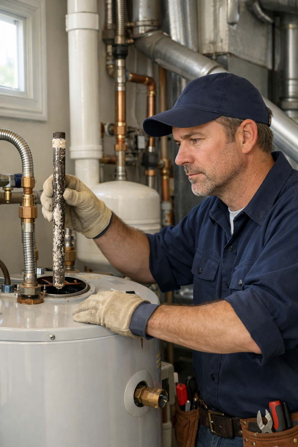 Plumber inspects anode rod corrosion