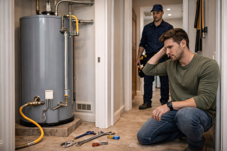 Homeowner reconsidering a DIY gas water heater installation while a professional technician stands nearby