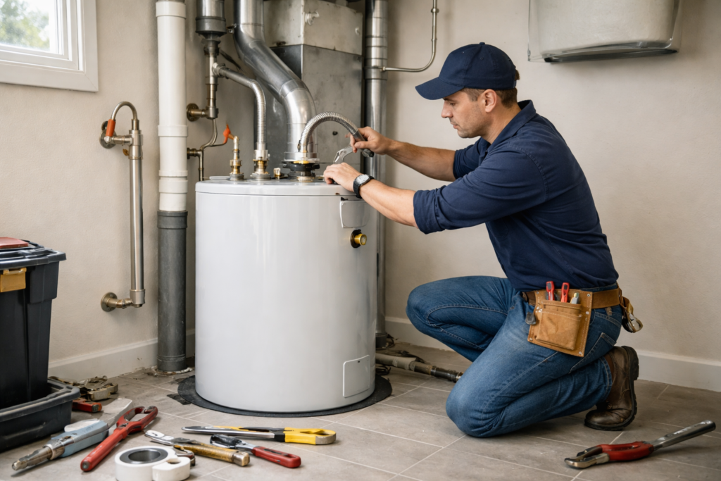 Plumber installing a new water heater
