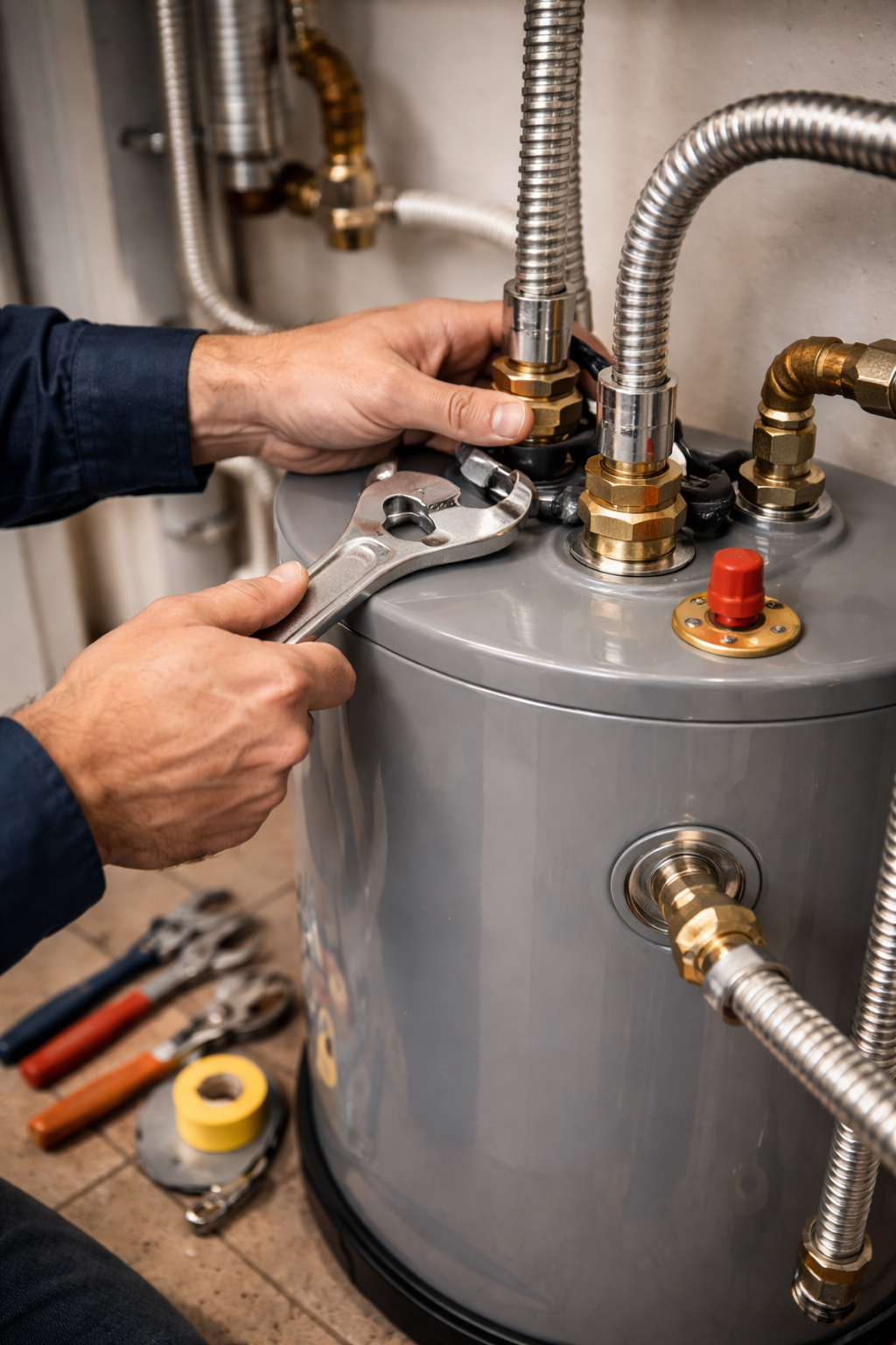 Plumber installing water heater connection