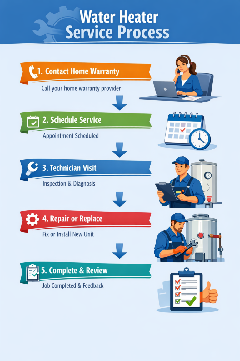 Illustrated water heater service process from scheduling and technician inspection to repair or replacement review