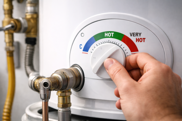 Hand adjusting the temperature control dial on a water heater