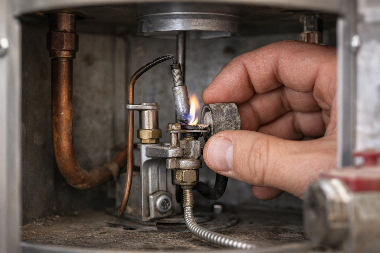 Technician adjusting pilot assembly in heater