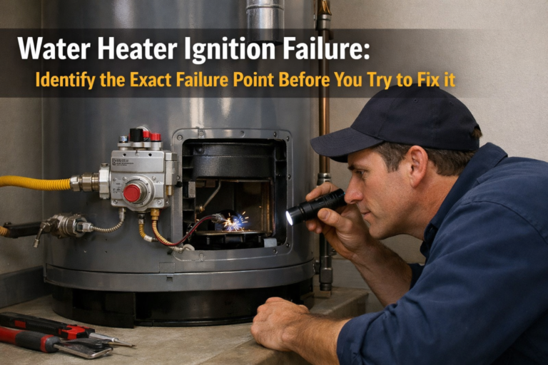 Technician inspecting a gas water heater ignition failure