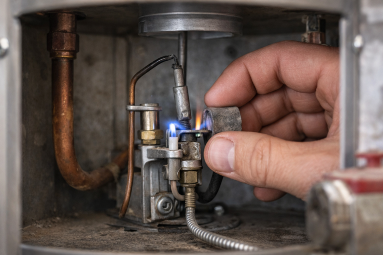 Technician inspecting the pilot flame and ignition assembly on a gas water heater