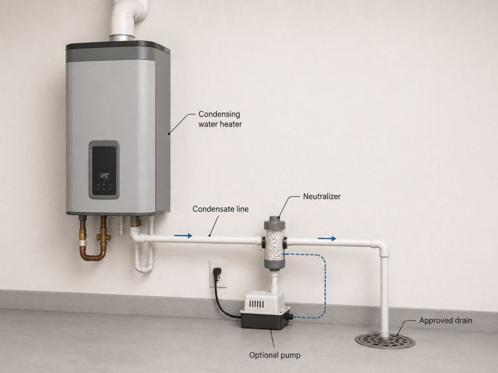 Condensing water heater condensate line showing a neutralizer, optional condensate pump, and approved drain.