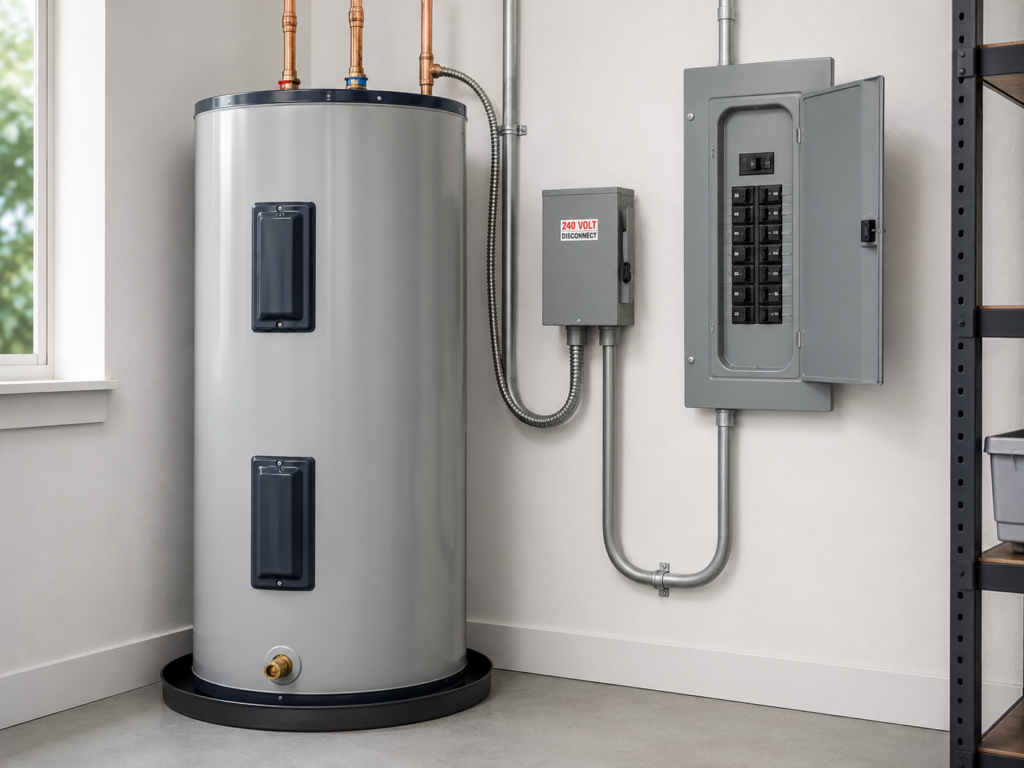 Electric storage water heater connected to a 240V disconnect and electrical panel in a clean utility room