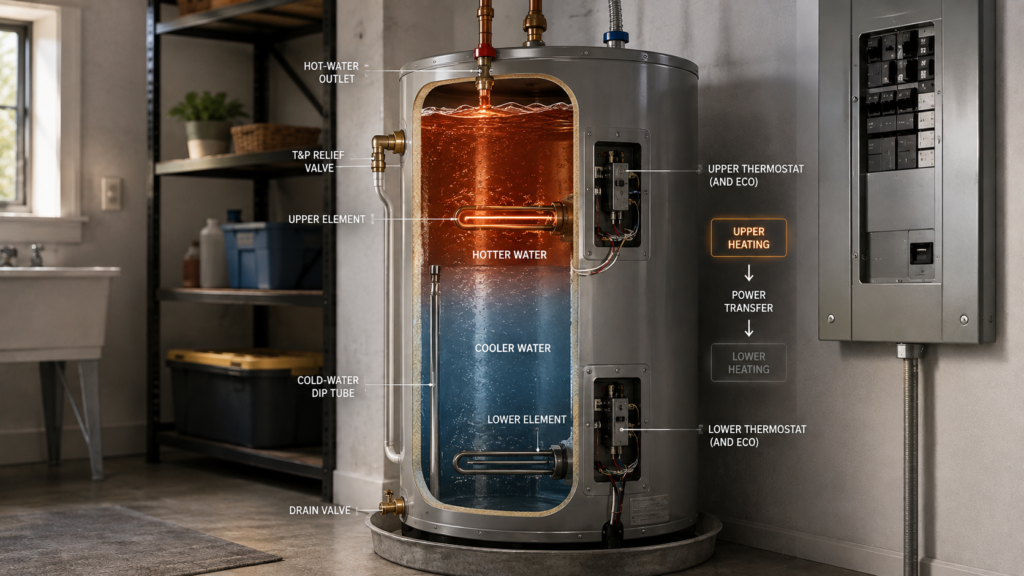 Electric water heater cutaway showing hot water in the upper tank, cooler water below, and upper and lower heating elements