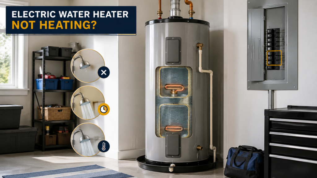 Electric water heater cutaway showing the upper heating element, lower heating element, and non-simultaneous heating sequence
