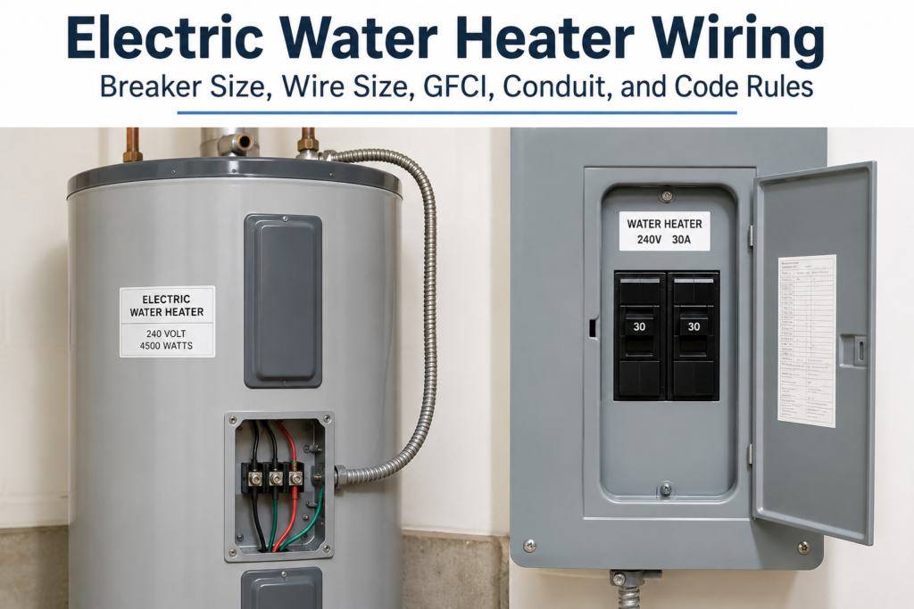 Electric water heater beside a 240V electrical panel showing a dedicated circuit, breaker, wiring, and conduit