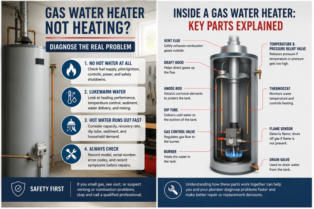 Gas water heater not heating infographic showing no hot water, lukewarm water, fast hot water loss, and key heater components