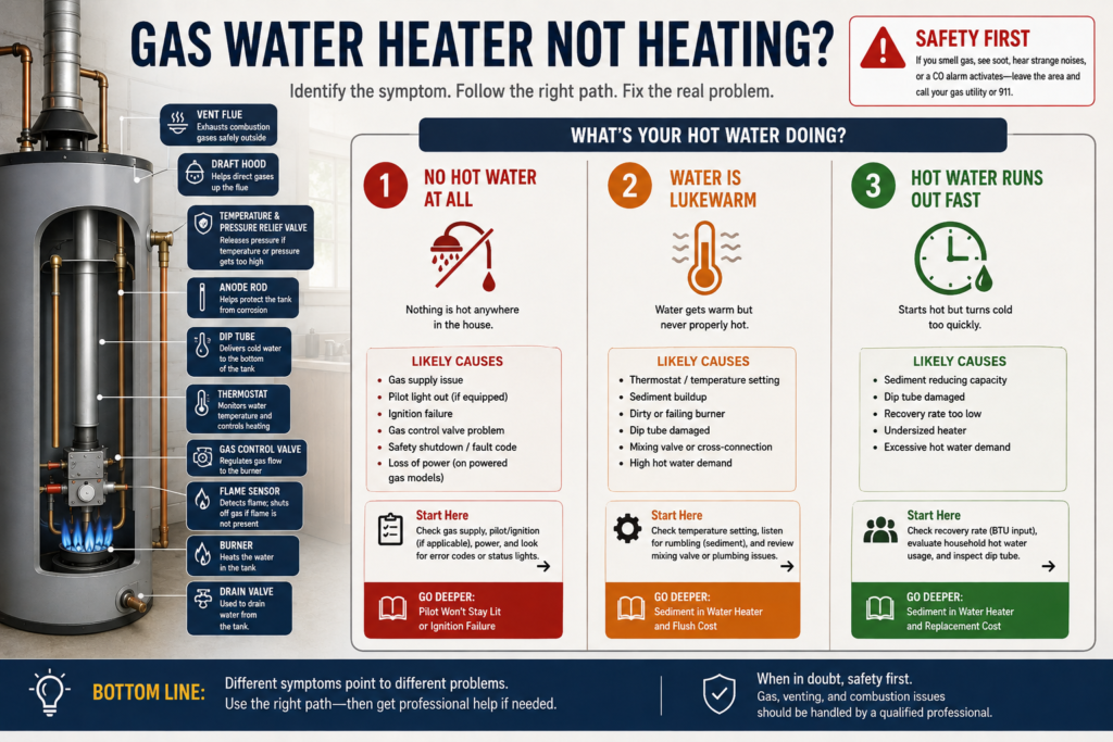 Gas water heater not heating infographic showing no hot water, lukewarm water, fast hot water loss, and key heater parts