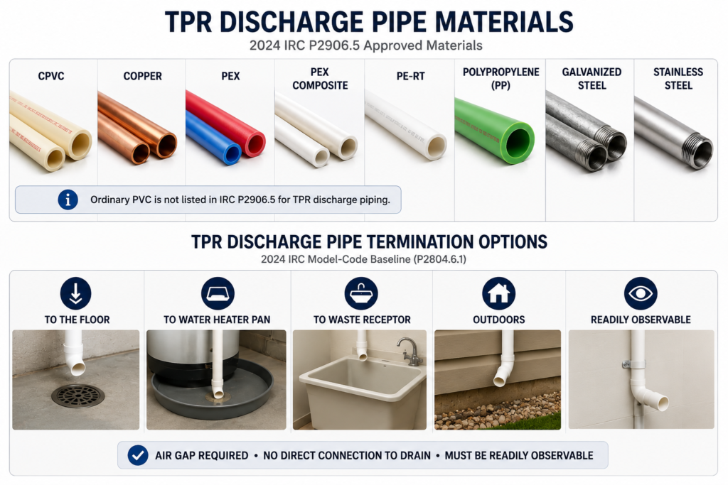 Infographic showing common TPR discharge pipe materials and permitted termination options under the 2024 IRC model-code baseline.