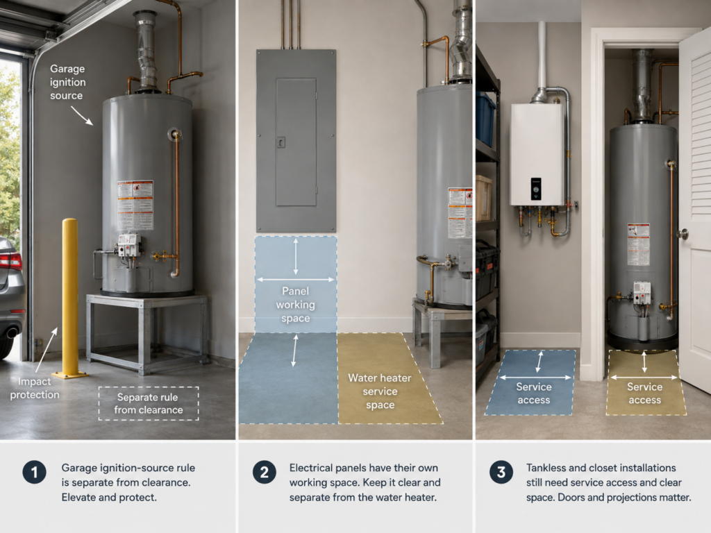 Water heater clearance infographic showing garage ignition-source protection, electrical panel working space, tankless service access, and closet clearance