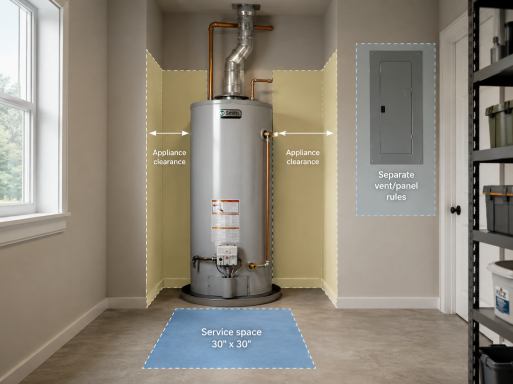 Gas water heater showing appliance clearance, 30 by 30 inch service space, and separate electrical panel clearance rules