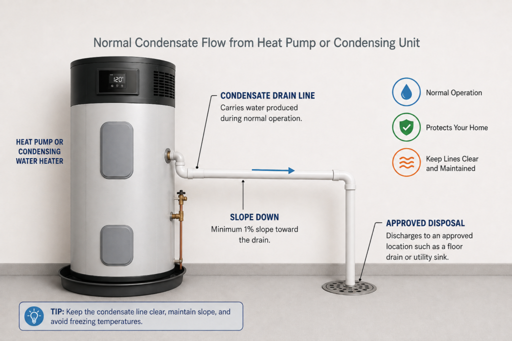 Heat pump water heater condensate drain showing continuous downward slope to an approved floor drain.
