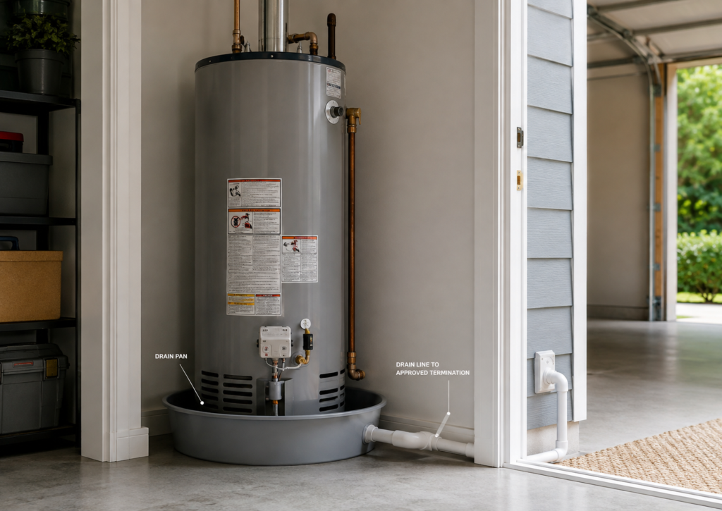 Storage tank water heater installed in a drain pan with a visible drain line routed to an approved termination