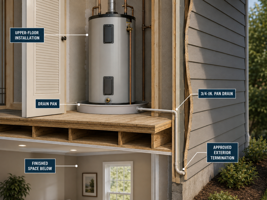 Upper-floor storage water heater in a drain pan with a 3/4-inch drain line routed to an exterior termination above finished space