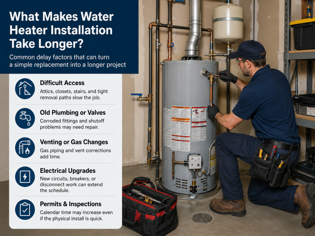 Water heater installation delay factors including difficult access, old plumbing, venting changes, electrical upgrades, and permit requirements