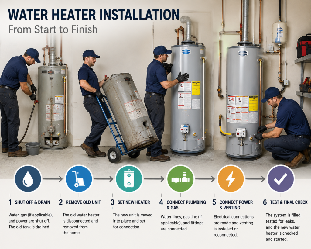 Water heater installation timeline showing a professional tank replacement and factors that can extend installation time