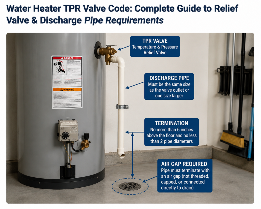 Water heater TPR valve with discharge pipe showing proper termination height, air gap, and unobstructed relief piping.