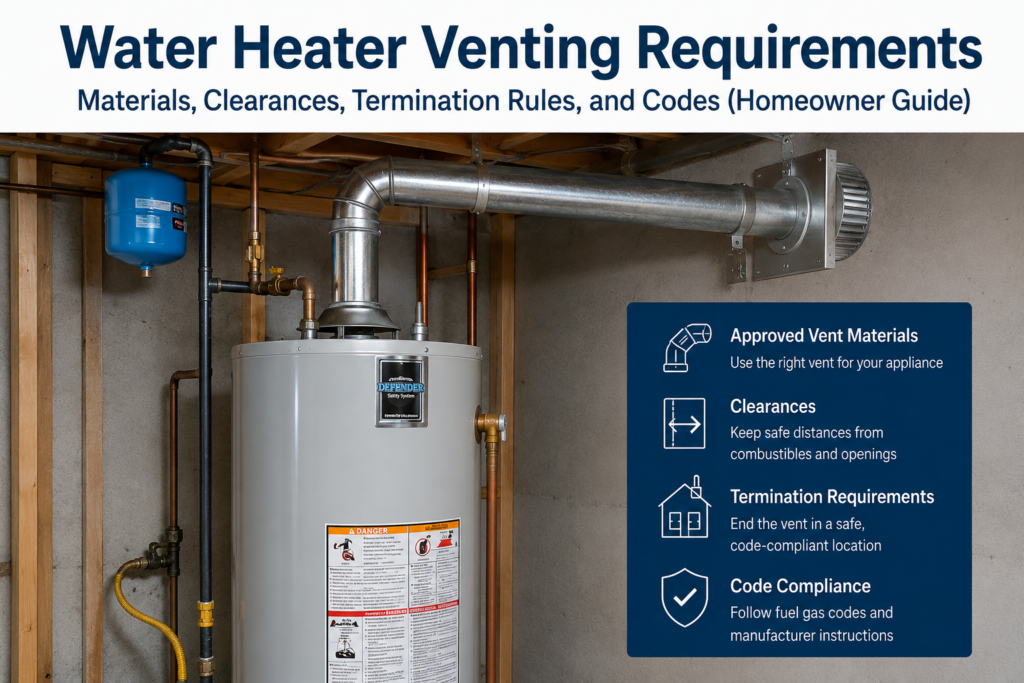 Gas water heater with vent piping showing water heater venting requirements, clearances, termination, and approved vent materials