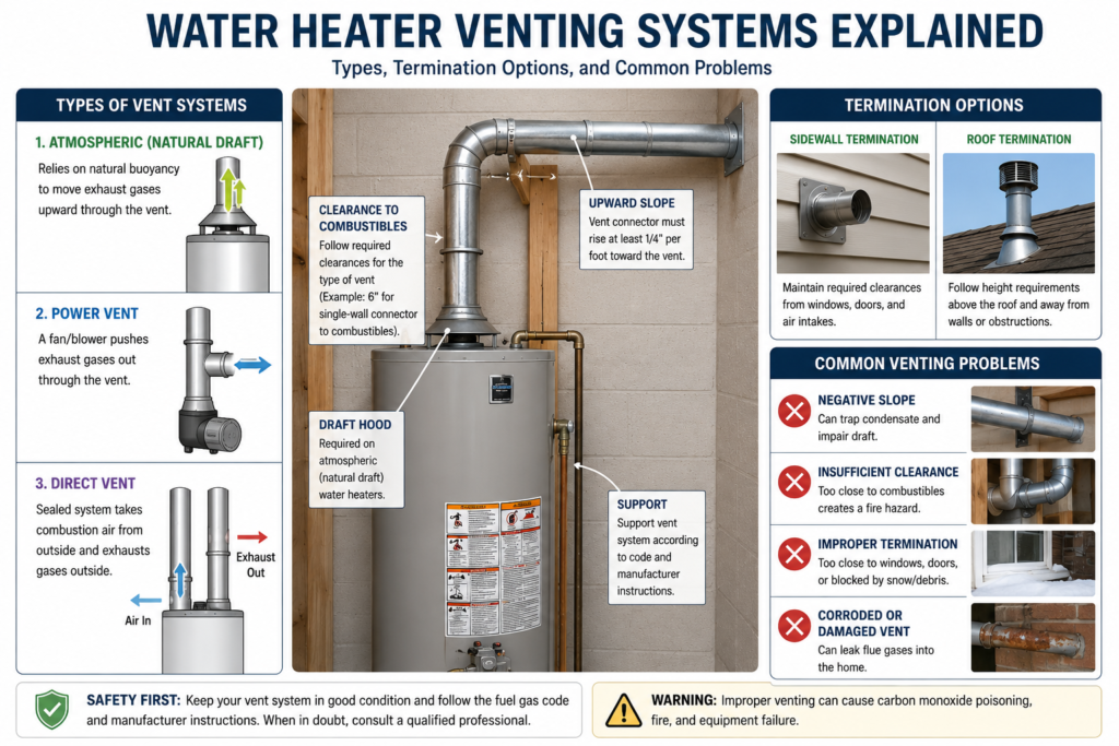 Infographic comparing atmospheric, power vent, and direct vent water heater systems with vent slope, clearances, termination options, and common problems