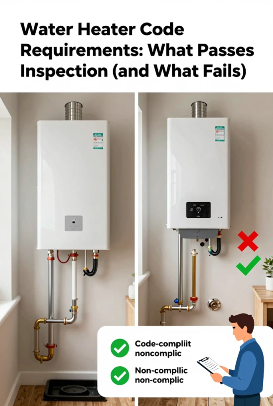 Side-by-side water heater installations showing a code-compliant setup and an installation that may fail inspection