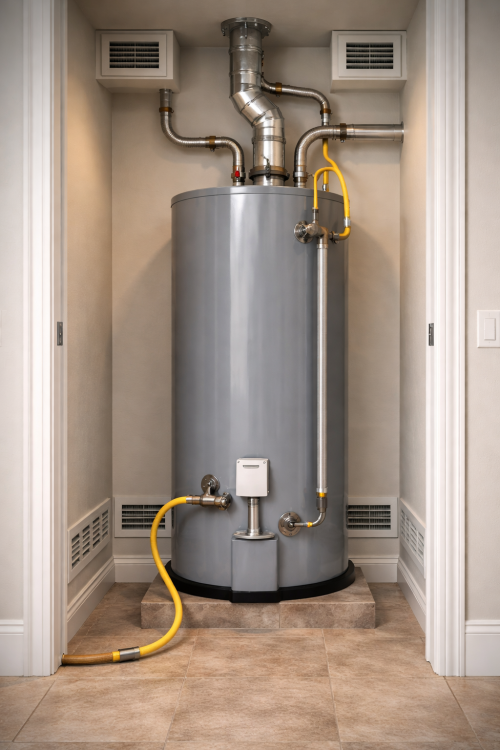 Water heater closet with ventilation openings and service access