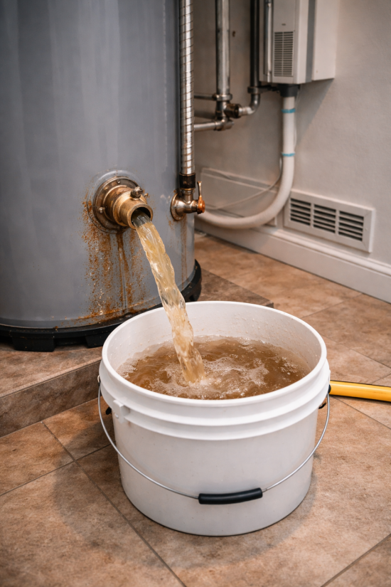 Dirty water and sediment draining from a storage water heater into a bucket