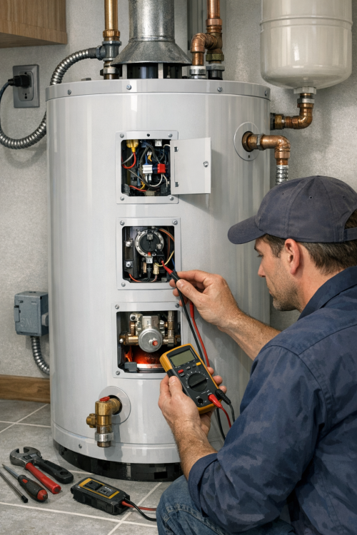 Technician testing electric water heater components with a multimeter